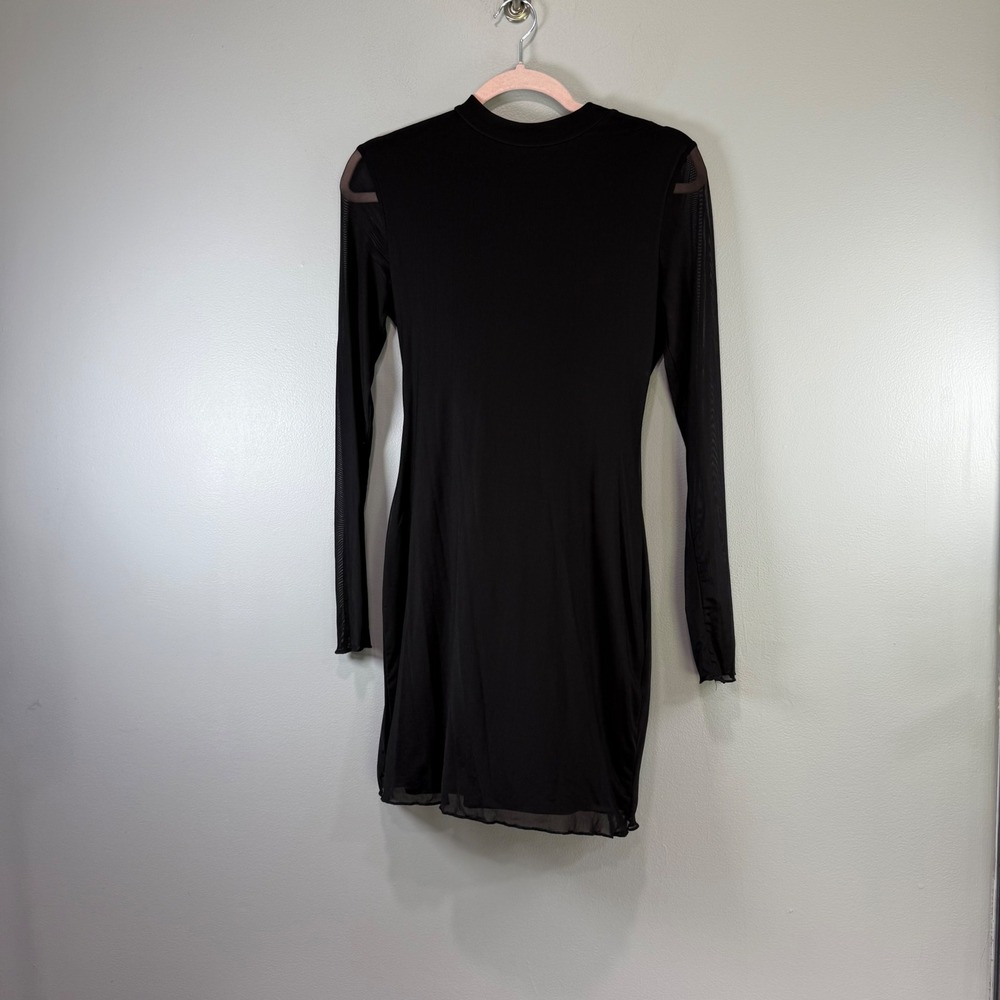 Ofeefan Womens Black Mesh Long Sleeve Mock Neck Bodycon Mini Dress Size S